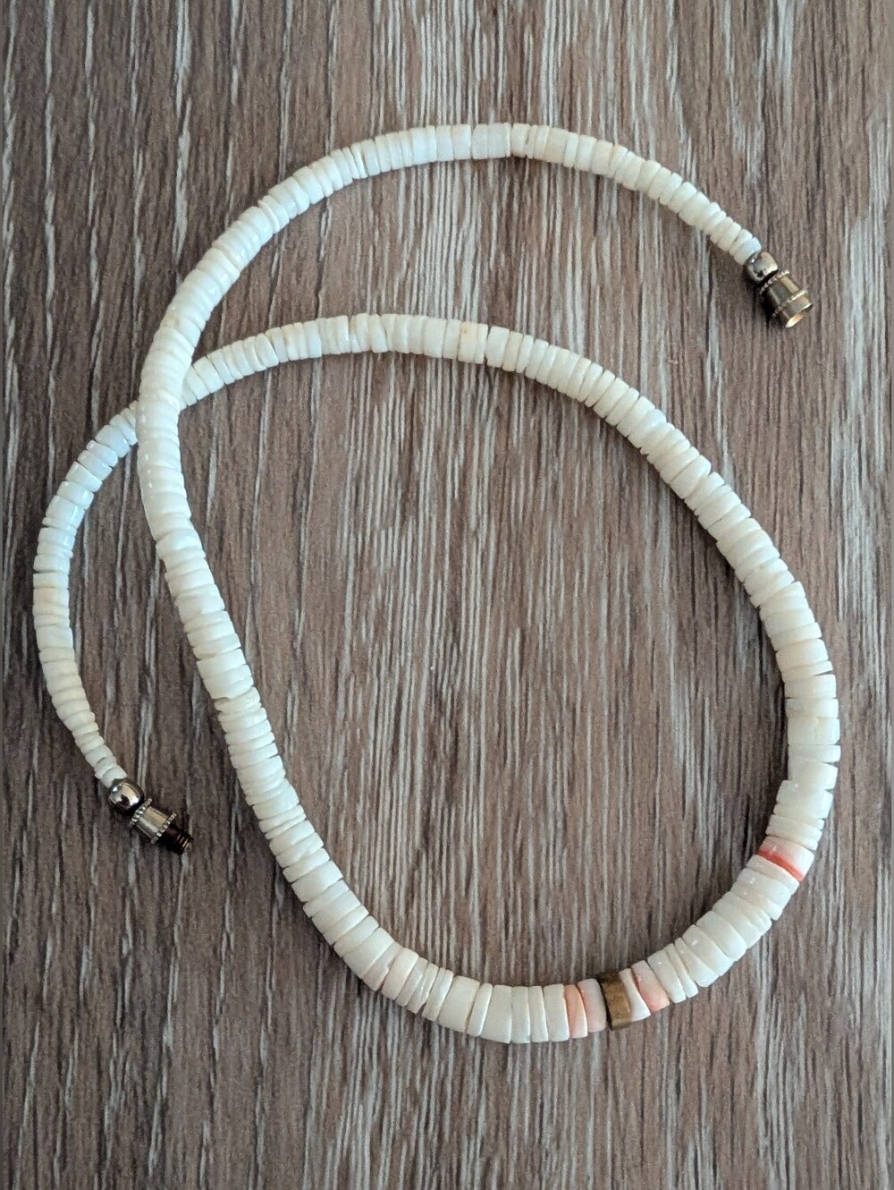 White Heishi Bead Puka Necklace with Subtle Peach Accent